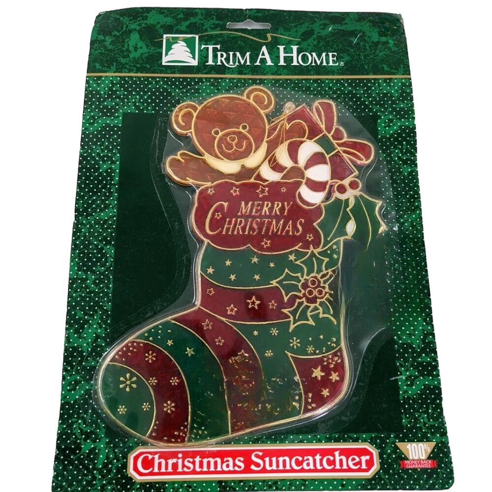 VTG Kmart Christmas Stained Glass Suncatcher Christmas Stuffed Stocking 9” NIP